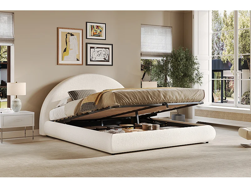 Cama de matrimonio para adultos de 180 x 200 cm con cabecero semicircular y canapé en tejido bouclé, color beige