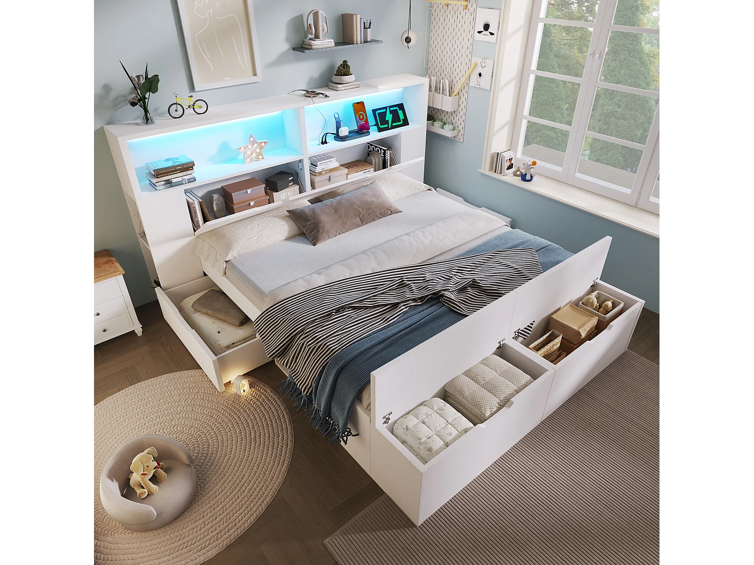 Lit coffre enfant en bois - 140 x 200 cm - avec tête de lit de rangements + Leds + USB + tiroirs + banquette - bois - blanc