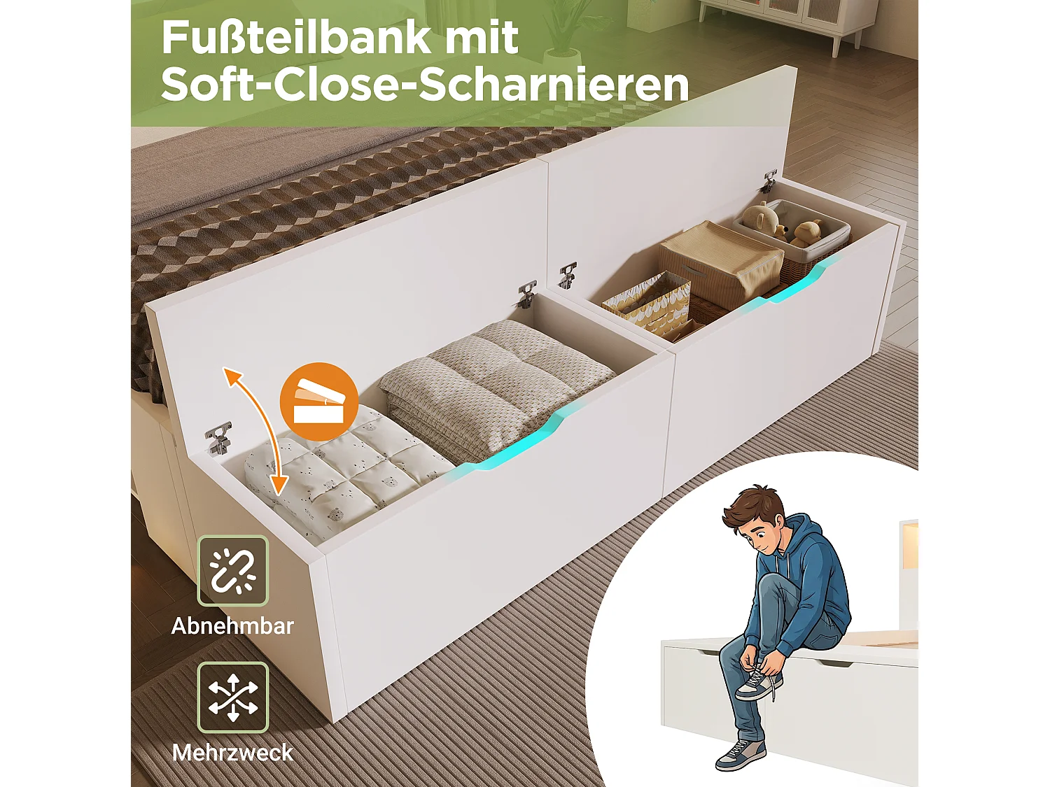 Lit coffre enfant en bois - 140 x 200 cm - avec tête de lit de rangements + Leds + USB + tiroirs + banquette - bois - blanc