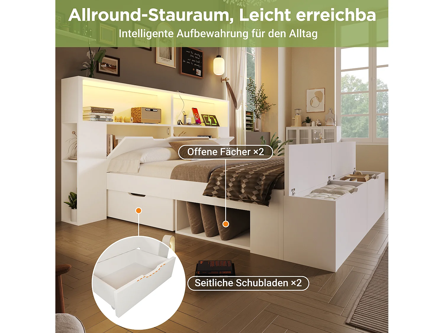 Lit coffre enfant en bois - 140 x 200 cm - avec tête de lit de rangements + Leds + USB + tiroirs + banquette - bois - blanc