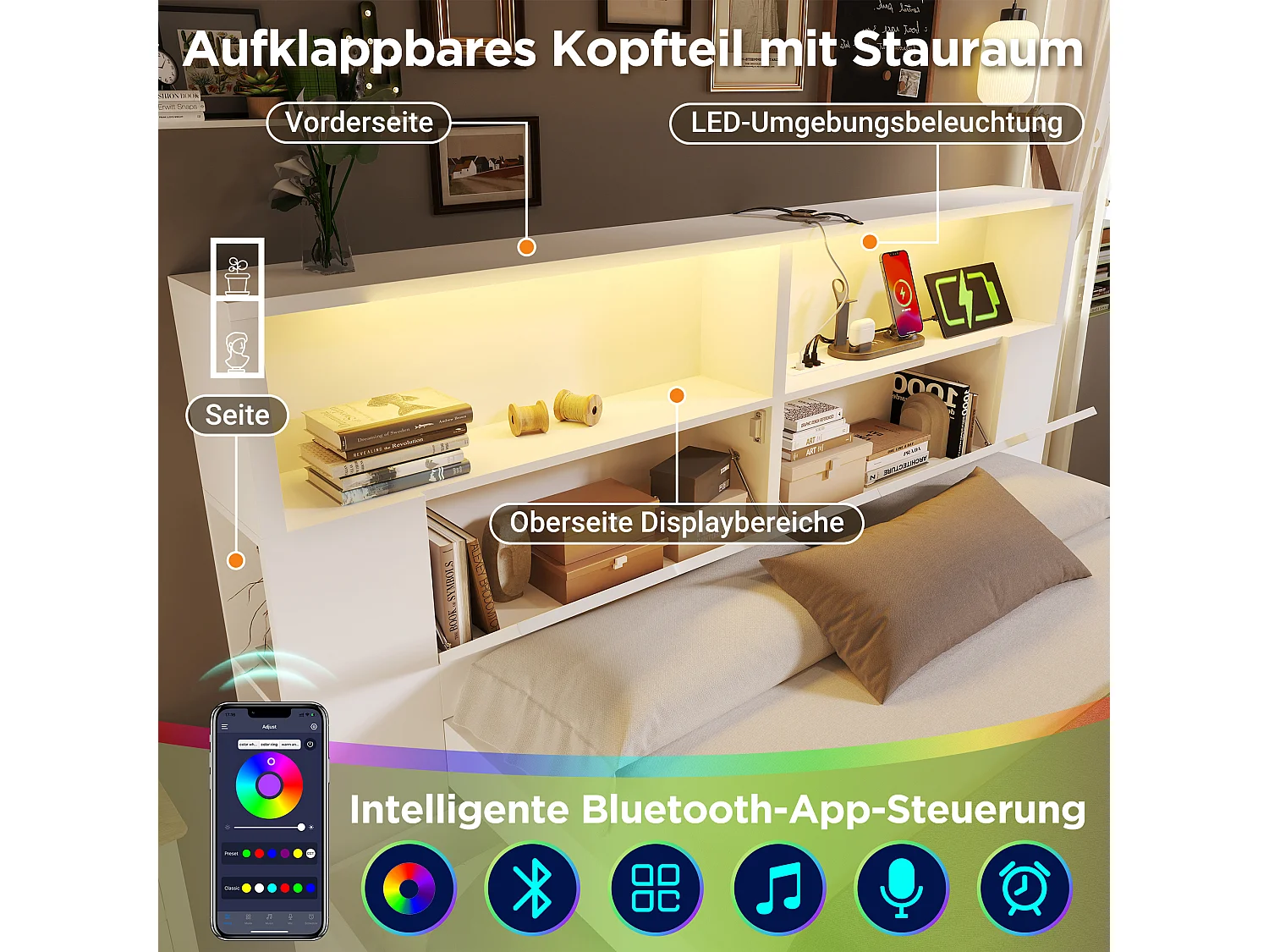 Lit coffre enfant en bois - 140 x 200 cm - avec tête de lit de rangements + Leds + USB + tiroirs + banquette - bois - blanc