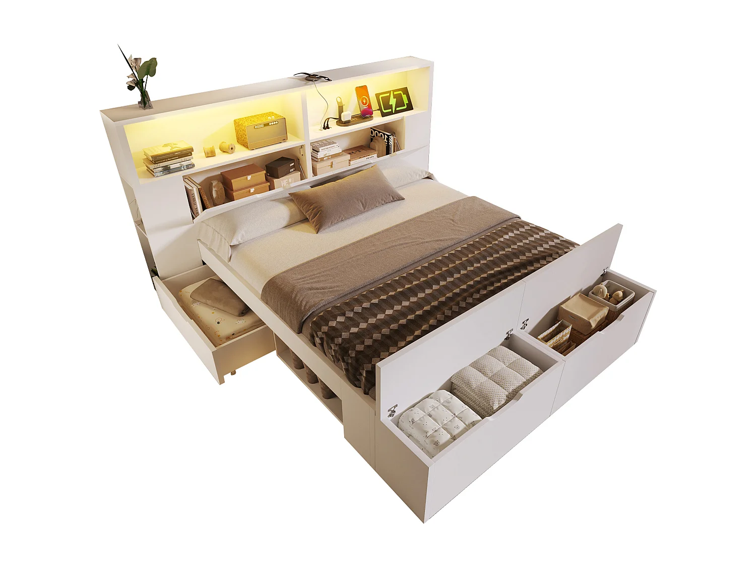 Lit coffre enfant en bois - 140 x 200 cm - avec tête de lit de rangements + Leds + USB + tiroirs + banquette - bois - blanc