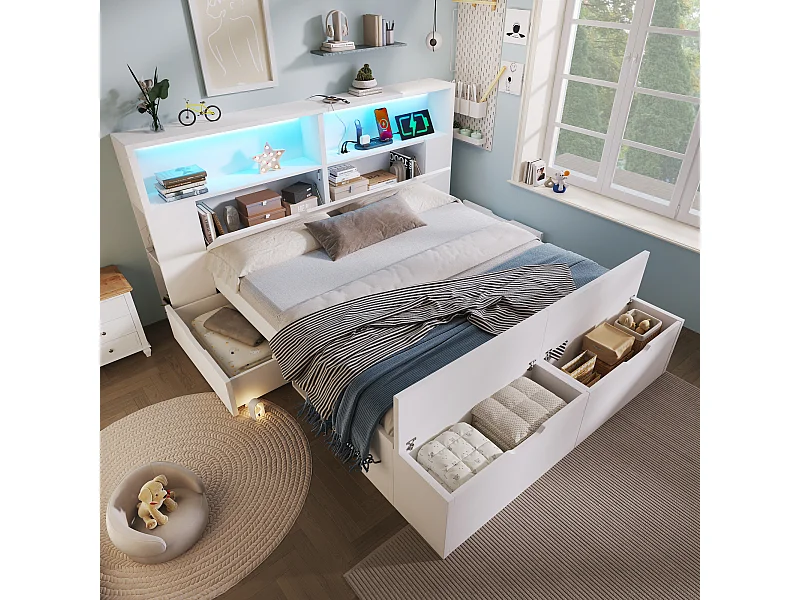 Lit coffre enfant en bois - 140 x 200 cm - avec tête de lit de rangements + Leds + USB + tiroirs + banquette - bois - blanc