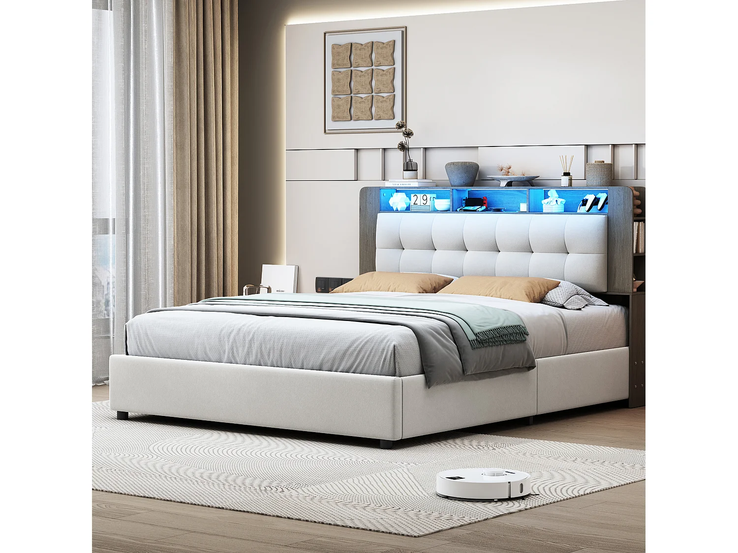 Lit double 160 x 200 cm - avec éclairage LED - tête de lit avec chargeur sans fil et espace de rangement - velours - blanc cassé