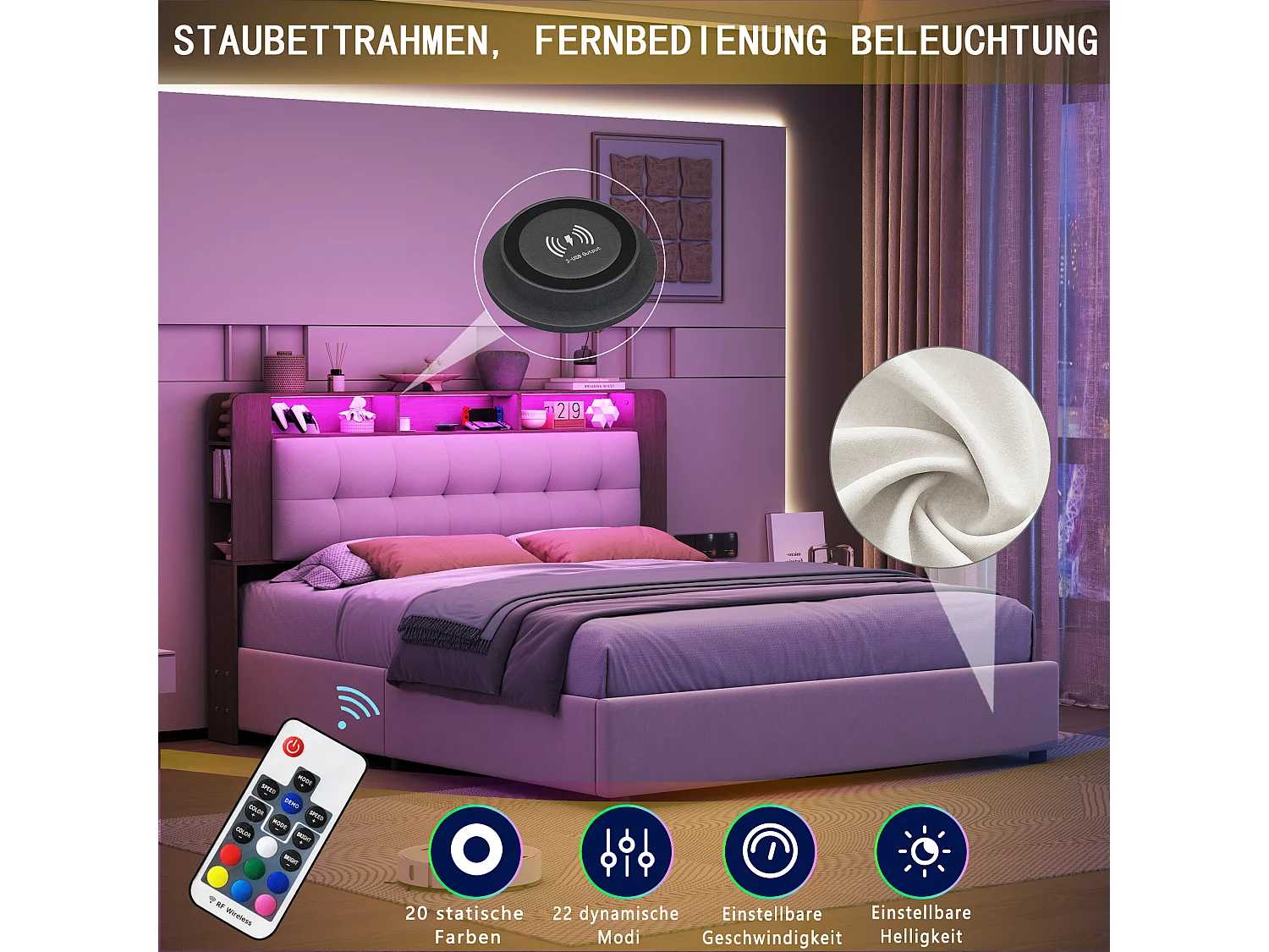 Lit double 160 x 200 cm - avec éclairage LED - tête de lit avec chargeur sans fil et espace de rangement - velours - blanc cassé
