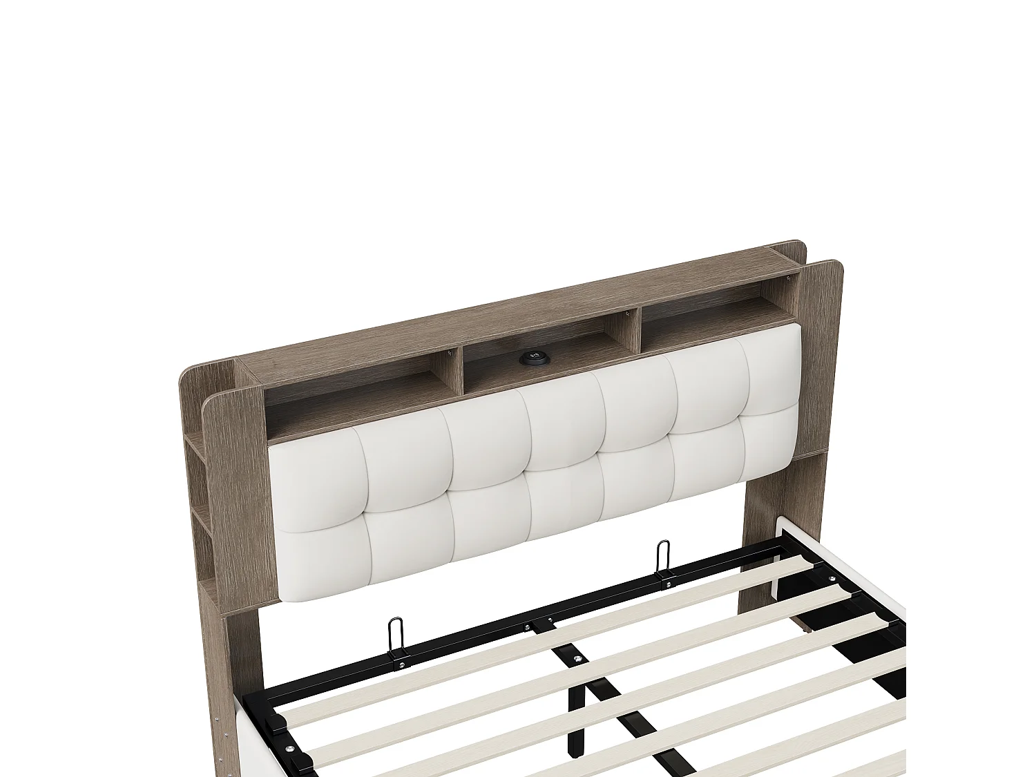 Lit double 160 x 200 cm - avec éclairage LED - tête de lit avec chargeur sans fil et espace de rangement - velours - blanc cassé