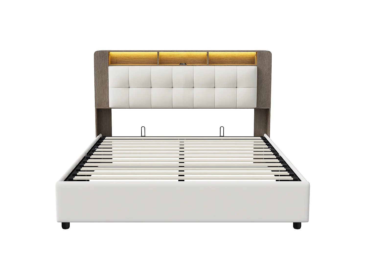 Lit double 160 x 200 cm - avec éclairage LED - tête de lit avec chargeur sans fil et espace de rangement - velours - blanc cassé