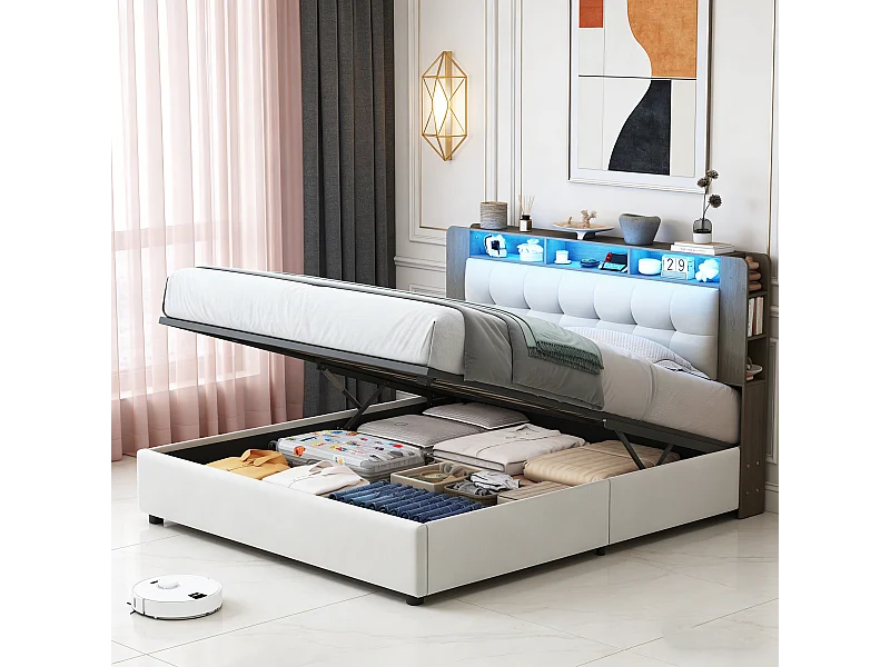 Cama doble 160 x 200 cm - con iluminación LED - cabecero con cargador inalámbrico y espacio de almacenamiento - terciopelo - blanco roto