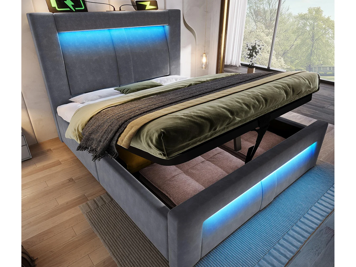 Lit coffre rembourré 90x200cm - avec éclairage LED - avec ports USB et Type-C - velours - Gris (sans matelas)