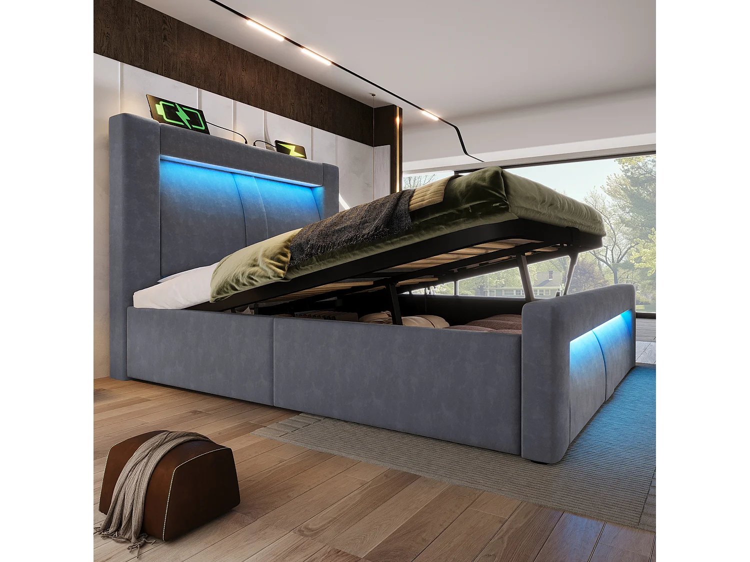 Lit coffre rembourré 90x200cm - avec éclairage LED - avec ports USB et Type-C - velours - Gris (sans matelas)