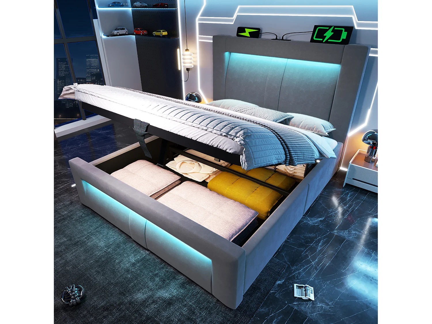 Lit coffre rembourré 90x200cm - avec éclairage LED - avec ports USB et Type-C - velours - Gris (sans matelas)