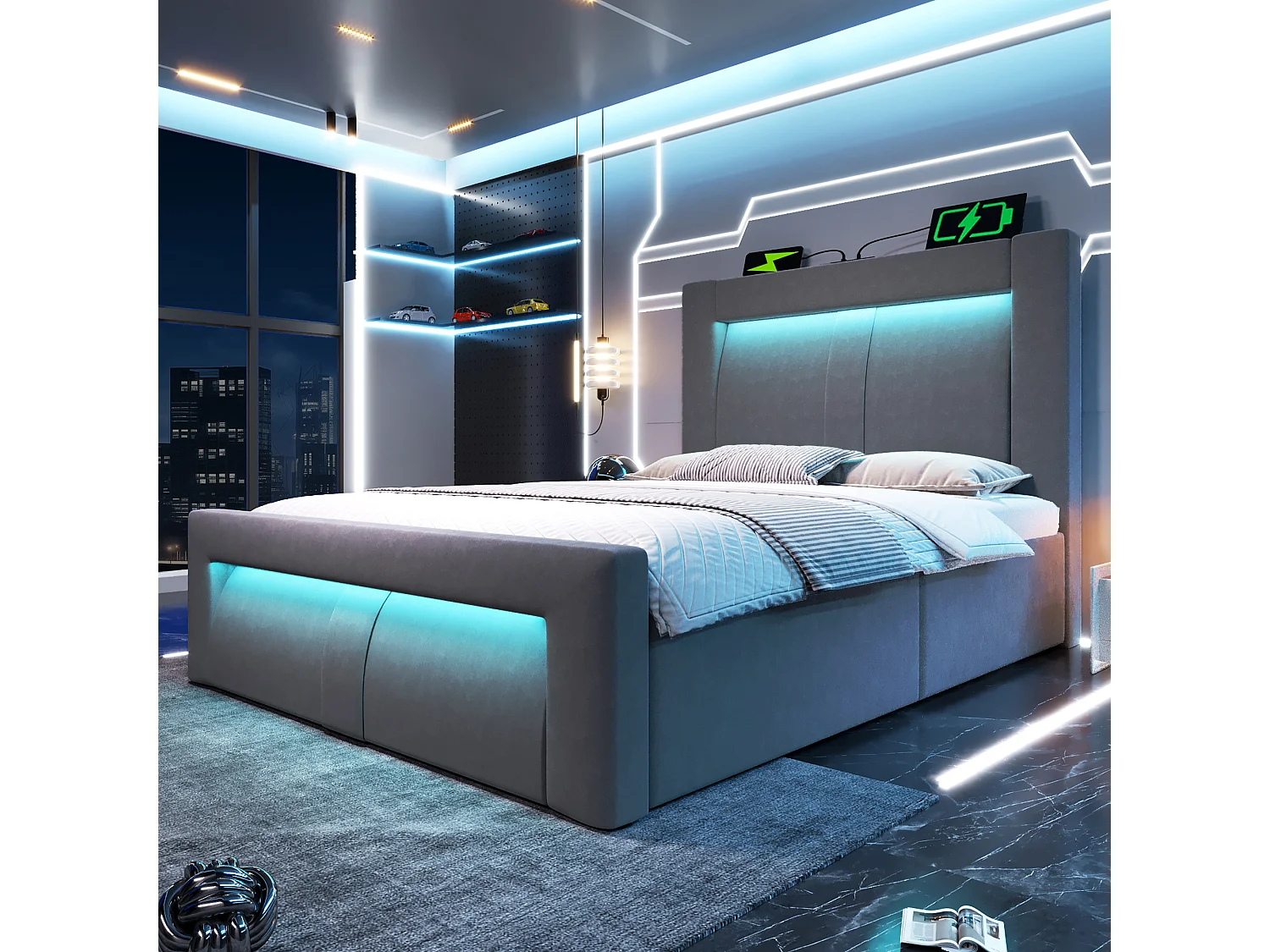 Lit coffre rembourré 90x200cm - avec éclairage LED - avec ports USB et Type-C - velours - Gris (sans matelas)