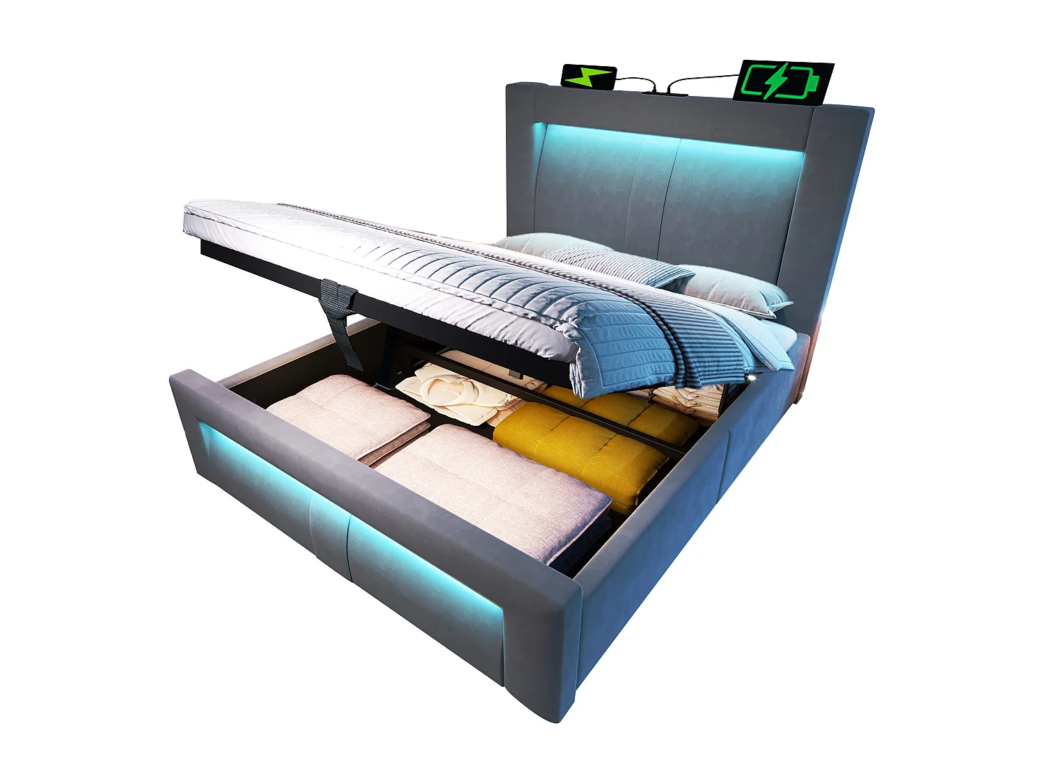 Lit coffre rembourré 90x200cm - avec éclairage LED - avec ports USB et Type-C - velours - Gris (sans matelas)
