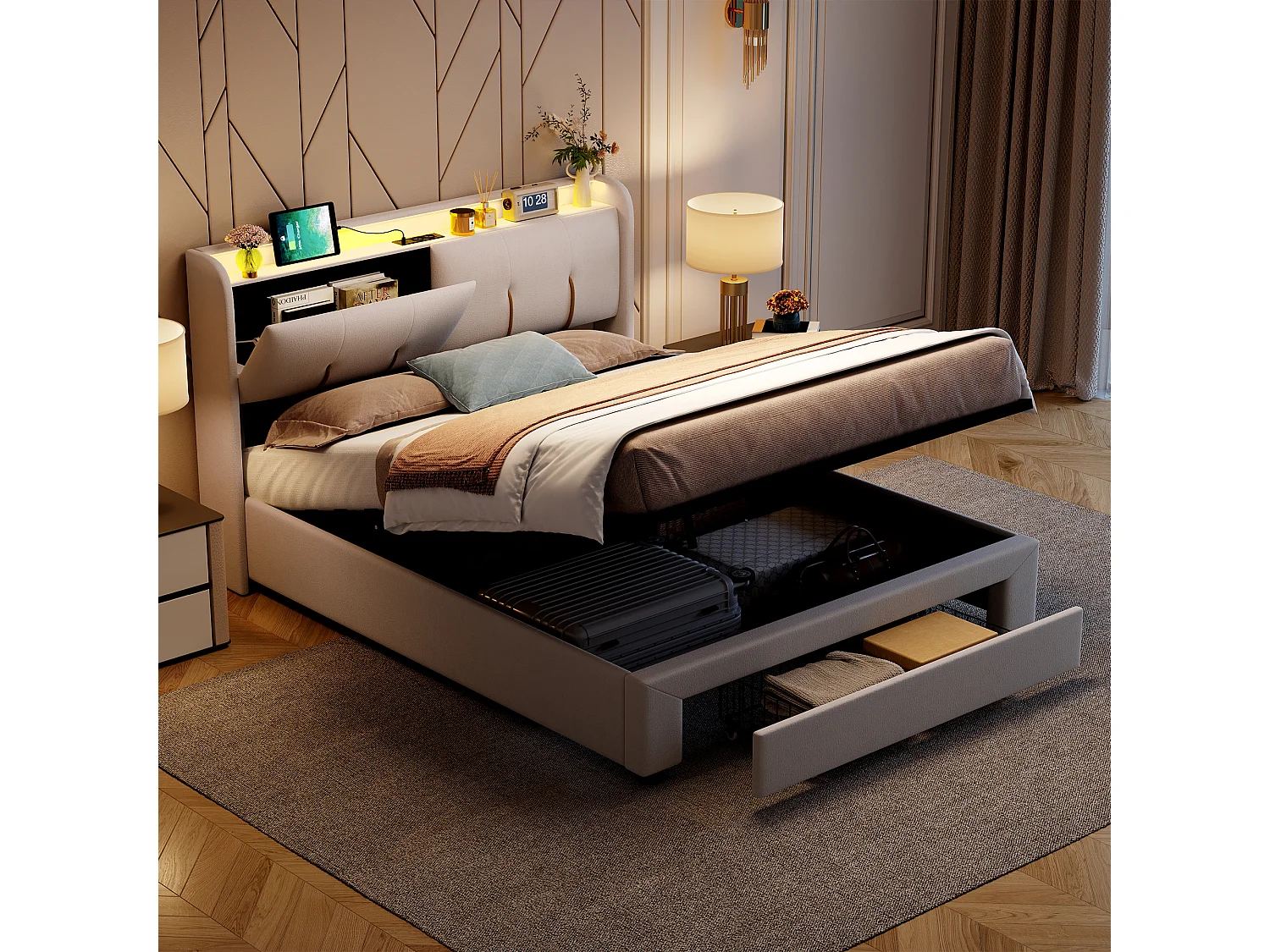Lit double 140x200cm - Tête de lit avec LED et ports USB - Coffre de rangement hydraulique et 1 tiroir - Velours - Beige