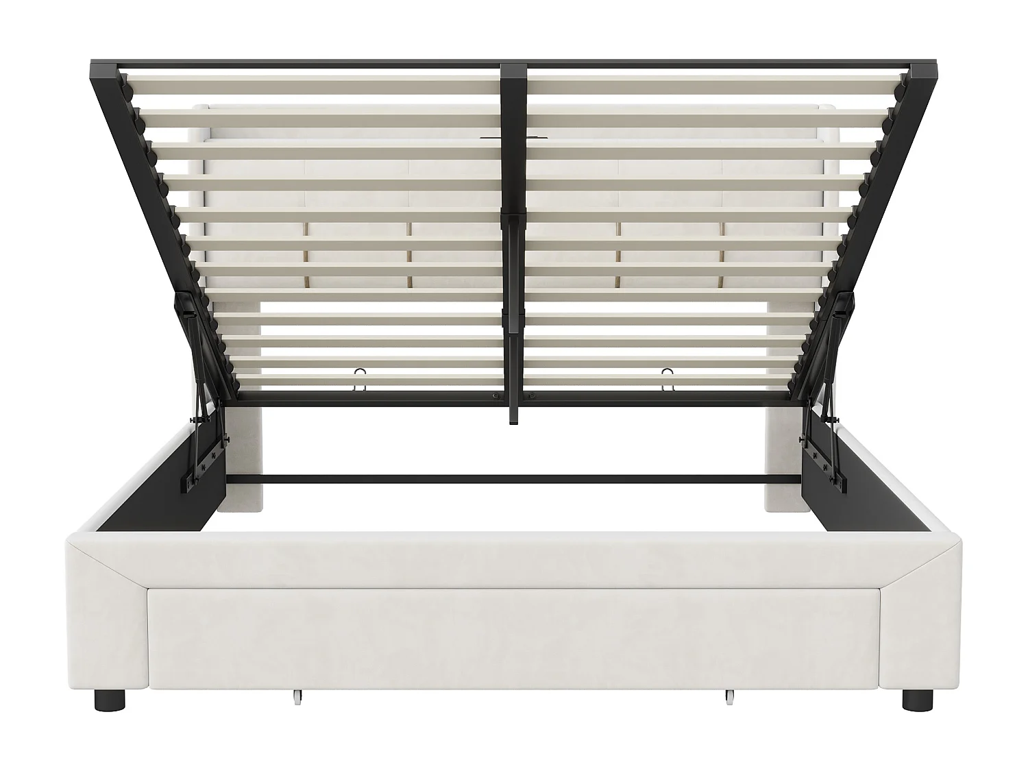 Lit double 140x200cm - Tête de lit avec LED et ports USB - Coffre de rangement hydraulique et 1 tiroir - Velours - Beige