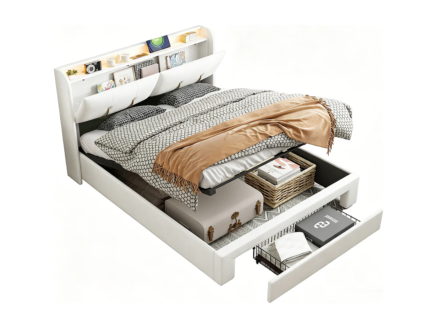 Lit double 140x200cm - Tête de lit avec LED et ports USB - Coffre de rangement hydraulique et 1 tiroir - Velours - Beige
