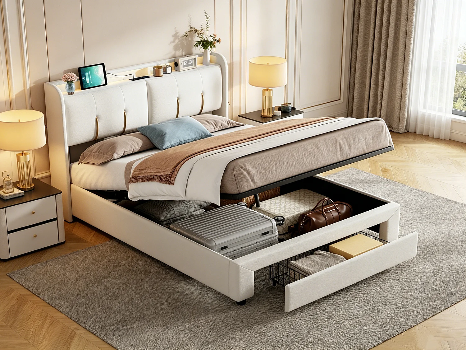 Lit double 140x200cm - Tête de lit avec LED et ports USB - Coffre de rangement hydraulique et 1 tiroir - Velours - Beige