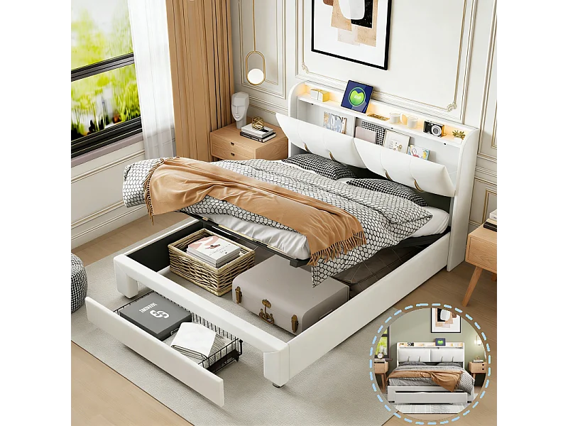 Lit double 140x200cm - Tête de lit avec LED et ports USB - Coffre de rangement hydraulique et 1 tiroir - Velours - Beige