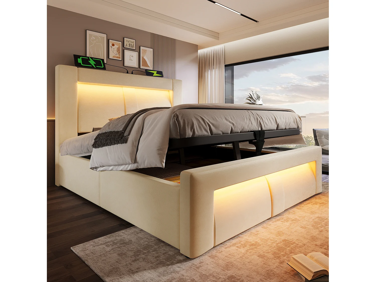 Cama com baú estofada 90x200cm - con iluminação LED - con portas USB e Type-C - veludo - Bege​ (sem colchão)