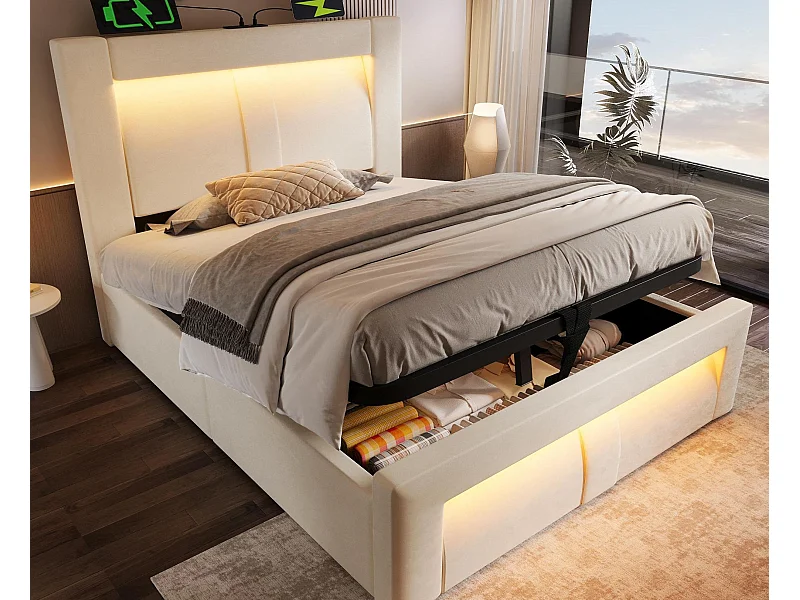 Cama com baú estofada 90x200cm - con iluminação LED - con portas USB e Type-C - veludo - Bege​ (sem colchão)