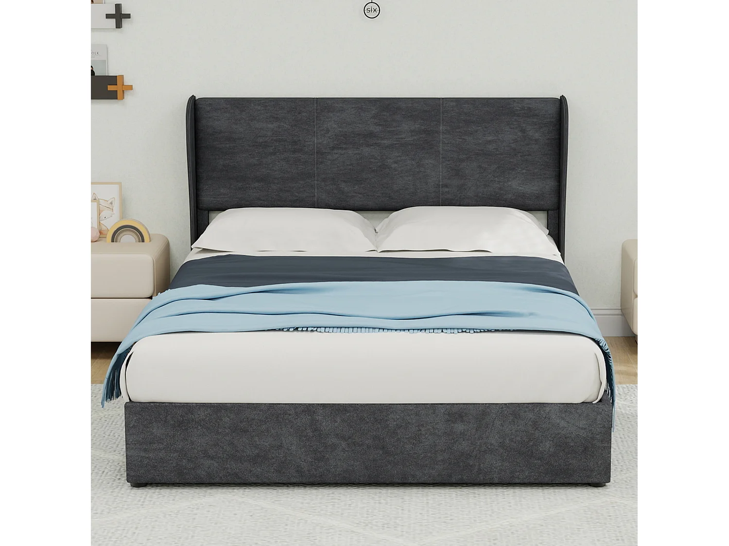 Opbergbed voor volwassenen 140x200cm - Tweepersoonsbed bekleed met grijs fluweel (matras niet inbegrepen)