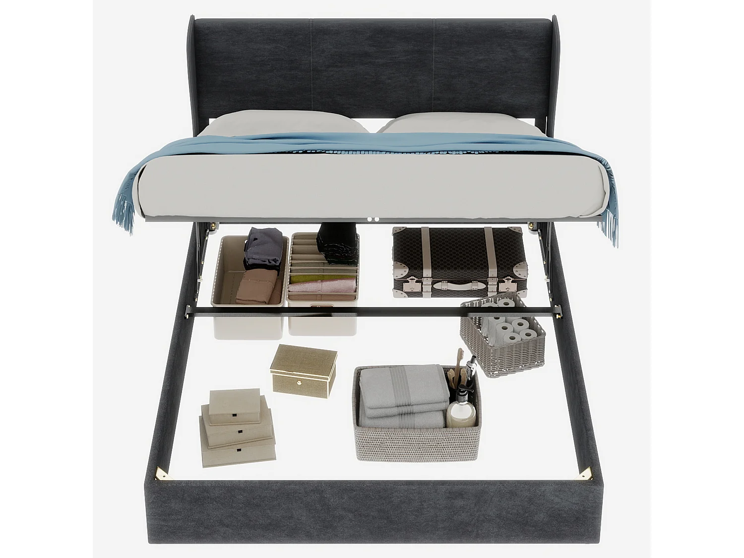 Opbergbed voor volwassenen 140x200cm - Tweepersoonsbed bekleed met grijs fluweel (matras niet inbegrepen)