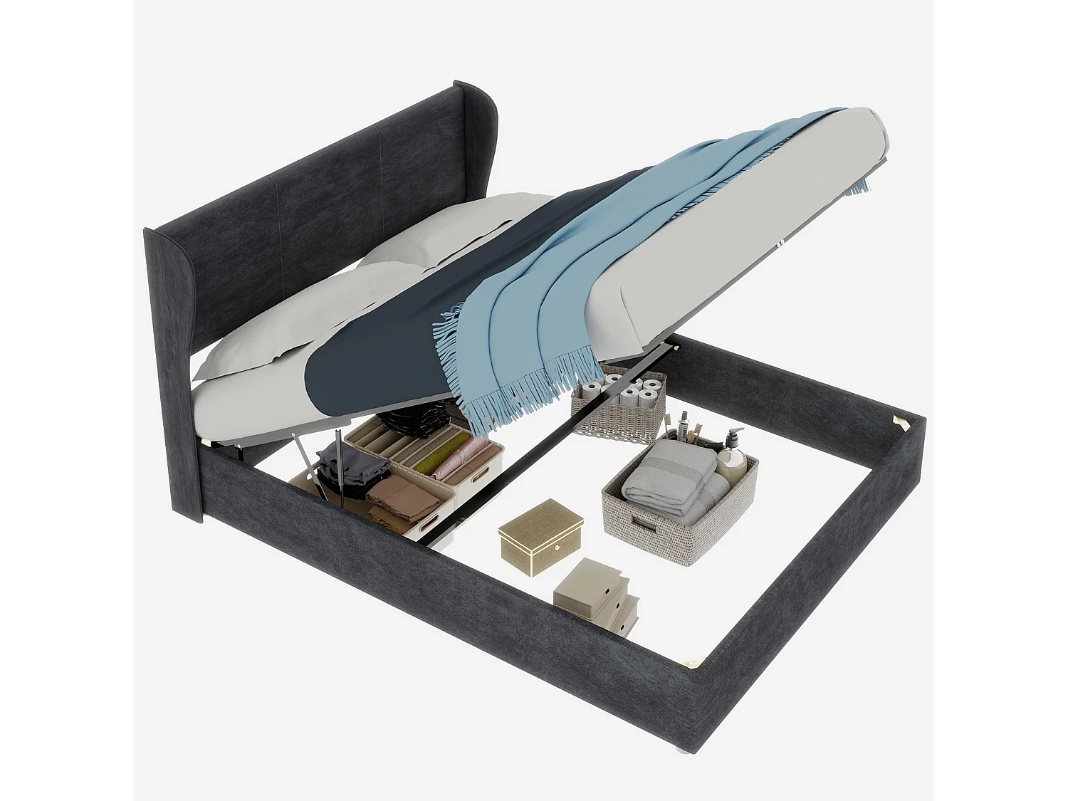 Opbergbed voor volwassenen 140x200cm - Tweepersoonsbed bekleed met grijs fluweel (matras niet inbegrepen)