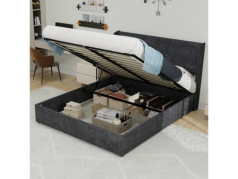 Opbergbed voor volwassenen 140x200cm - Tweepersoonsbed bekleed met grijs fluweel (matras niet inbegrepen)