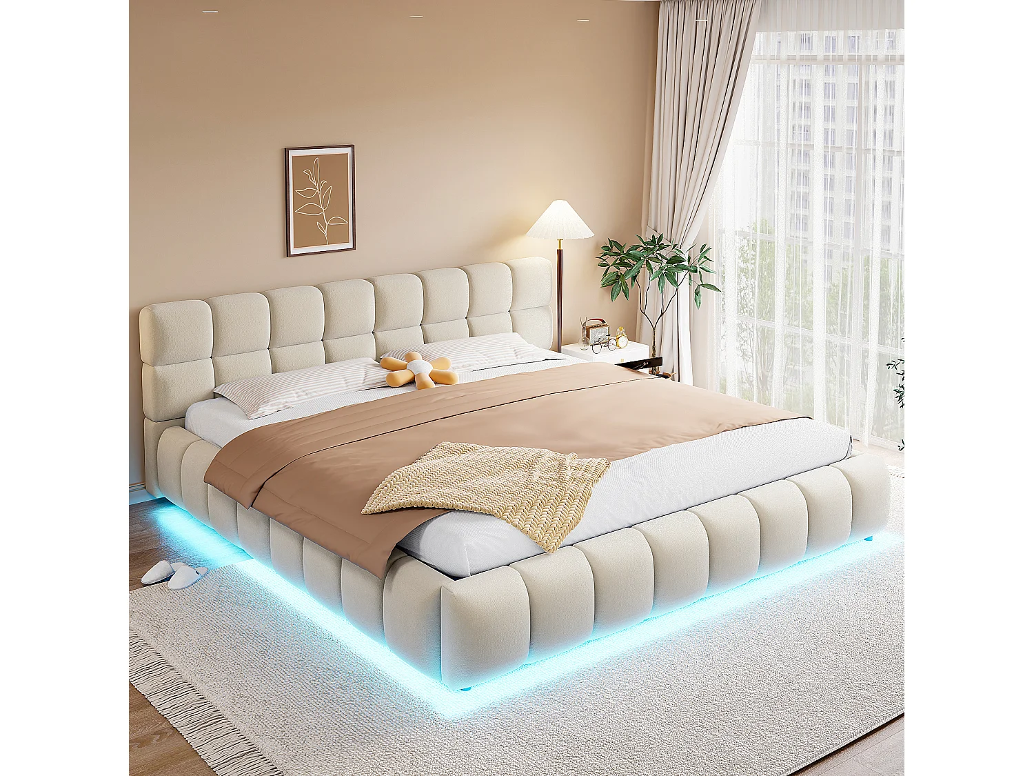 Lit coffre capitonné double - 180 x 200 cm - avec Leds + tête de lit + rangement hydraulique - velours - beige