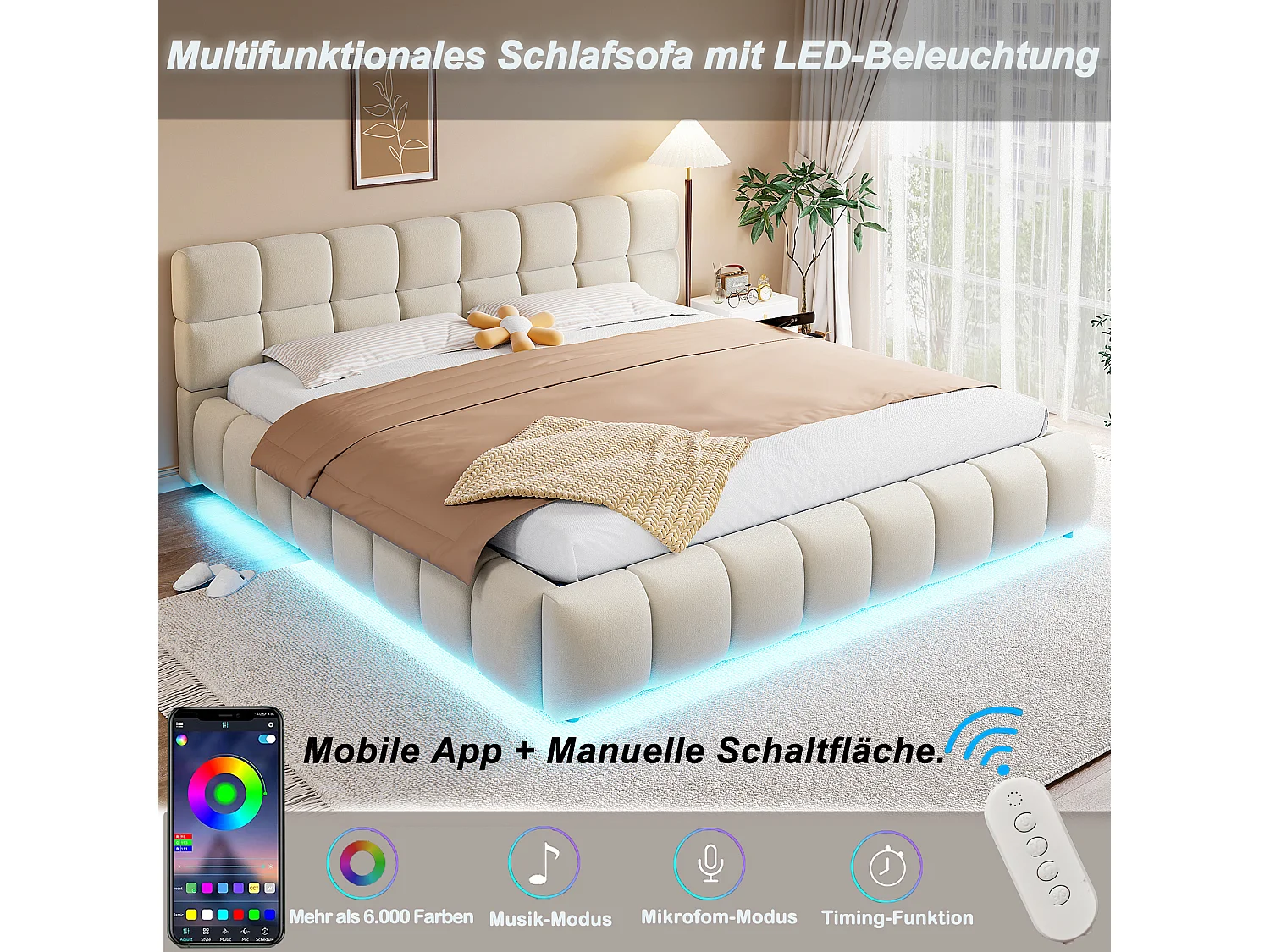 Lit coffre capitonné double - 180 x 200 cm - avec Leds + tête de lit + rangement hydraulique - velours - beige