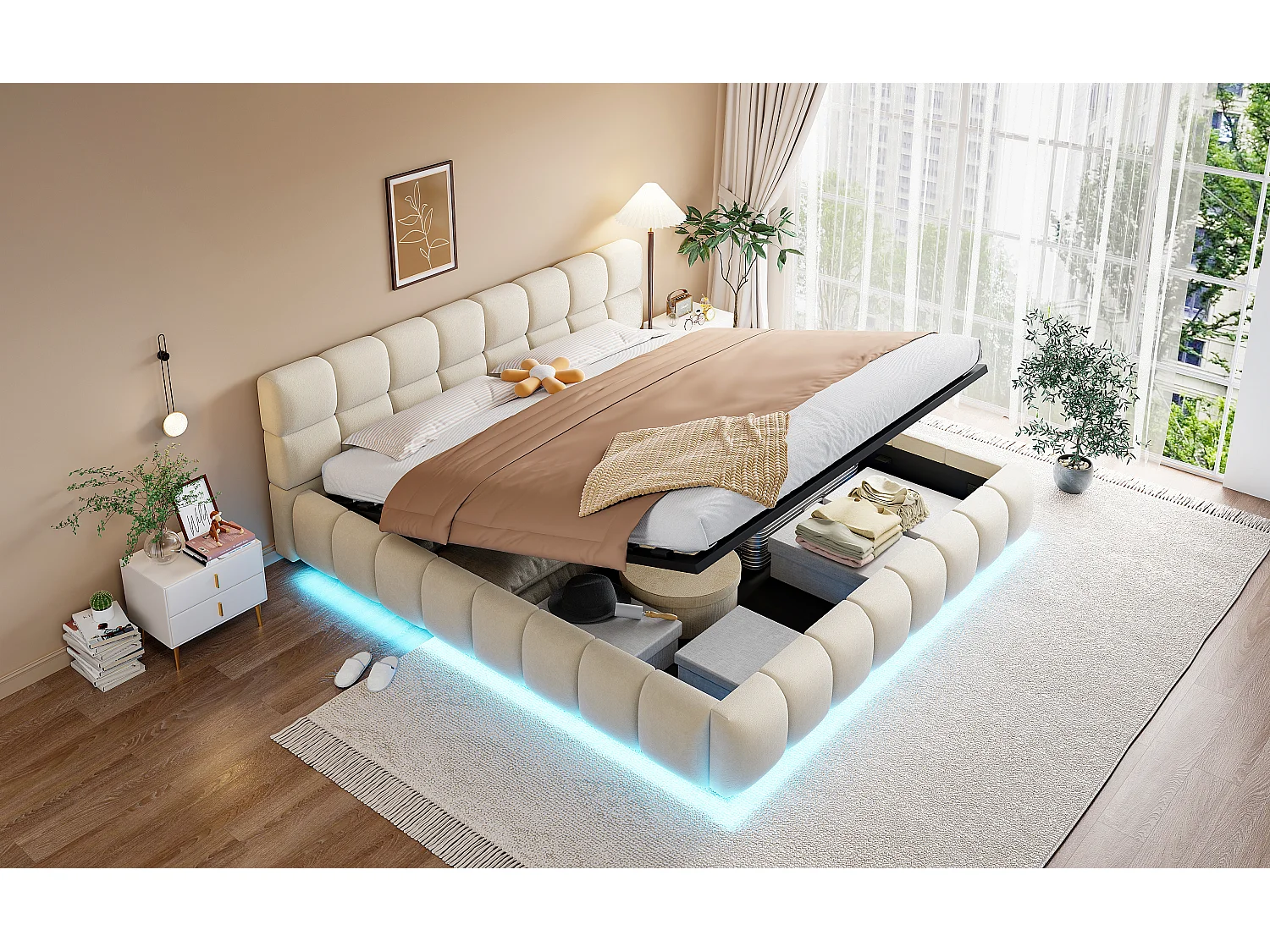 Lit coffre capitonné double - 180 x 200 cm - avec Leds + tête de lit + rangement hydraulique - velours - beige