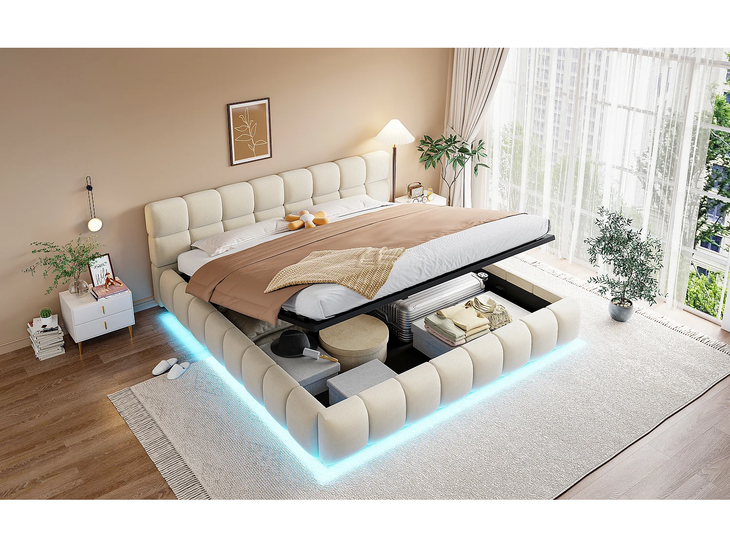 Lit coffre capitonné double - 180 x 200 cm - avec Leds + tête de lit + rangement hydraulique - velours - beige