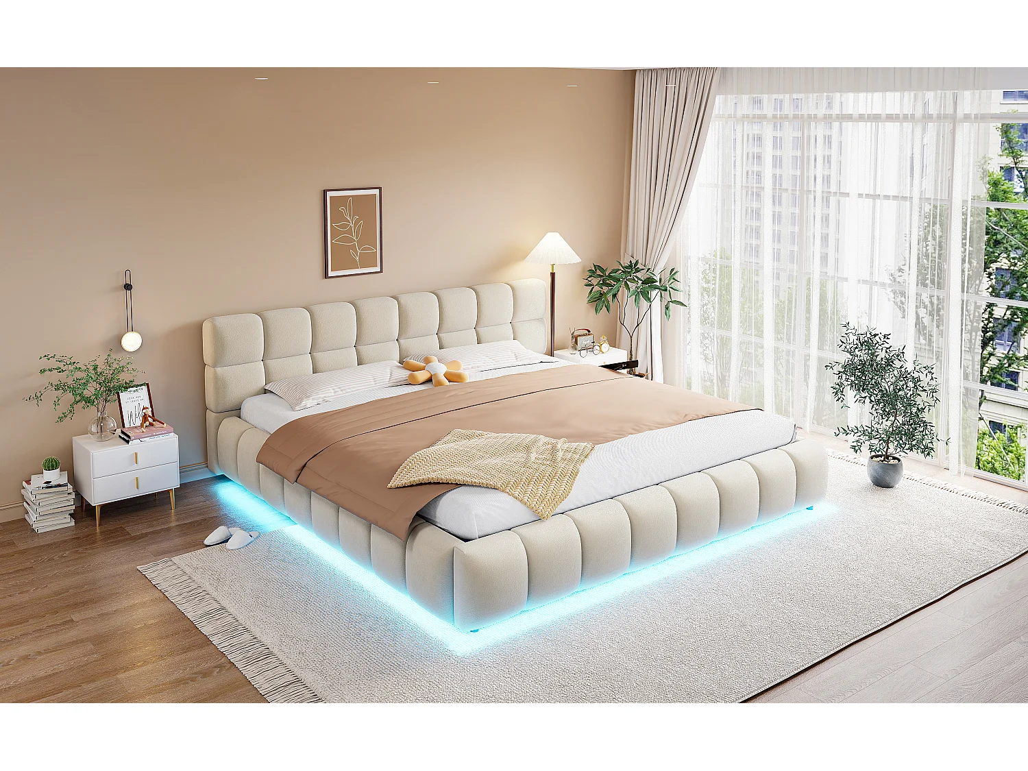 Lit coffre capitonné double - 180 x 200 cm - avec Leds + tête de lit + rangement hydraulique - velours - beige
