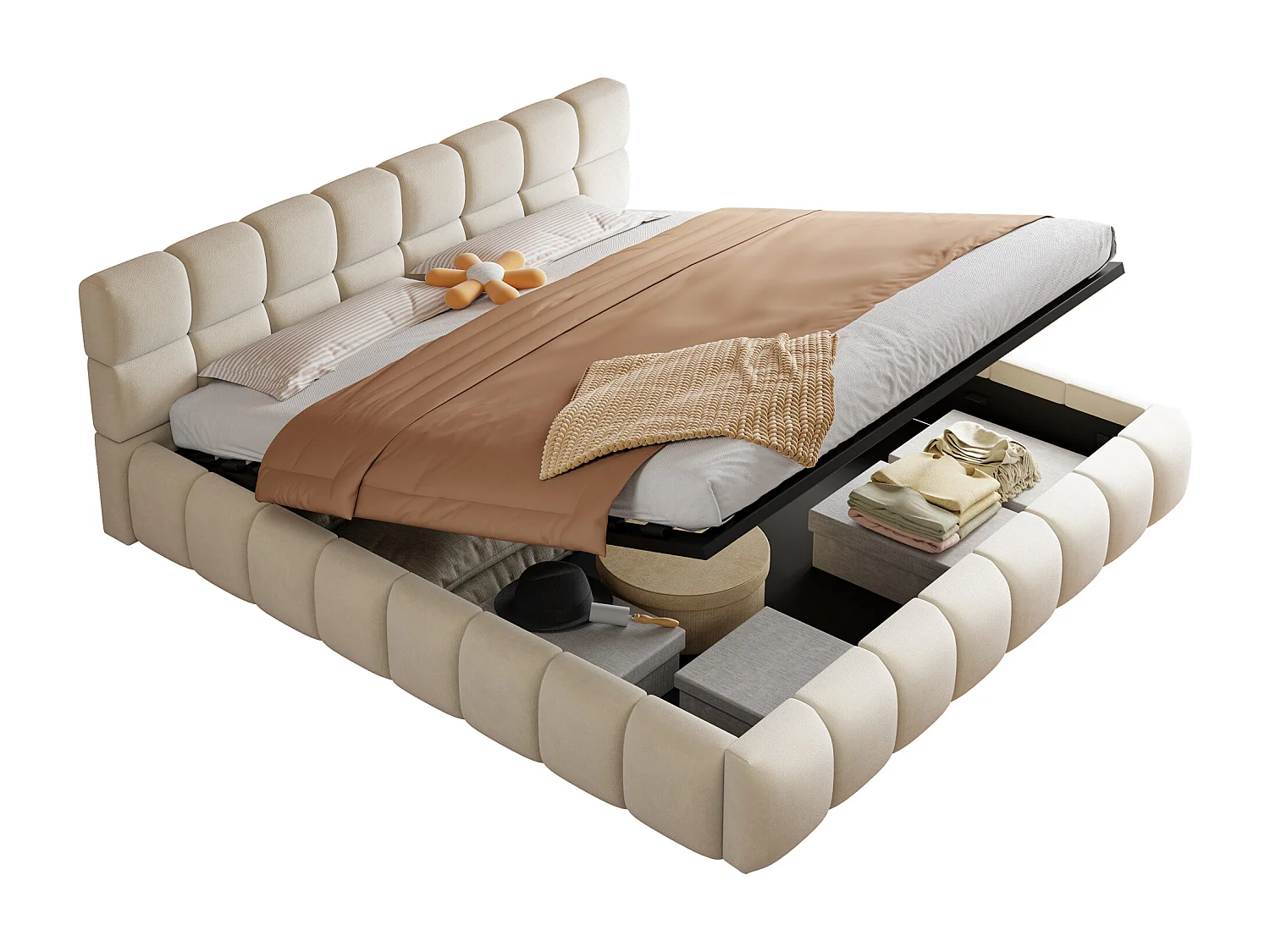 Lit coffre capitonné double - 180 x 200 cm - avec Leds + tête de lit + rangement hydraulique - velours - beige