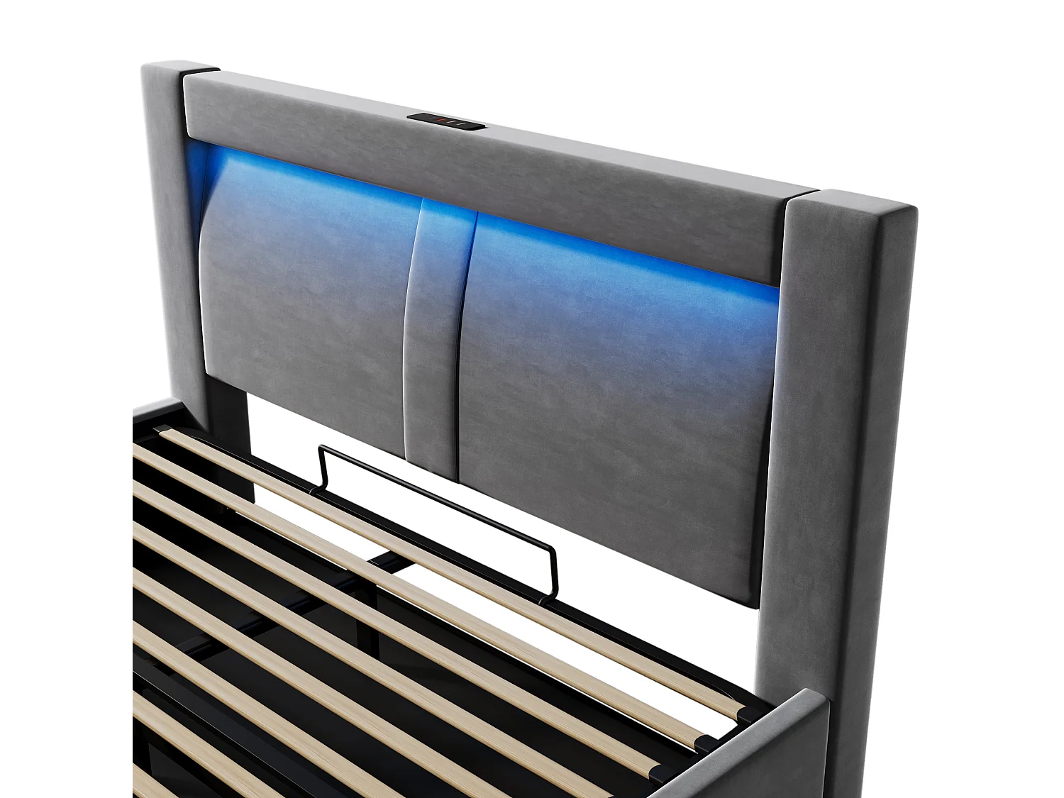 Lit coffre rembourré 160x200cm - avec éclairage LED - avec ports USB et Type-C - velours - Gris (sans matelas)