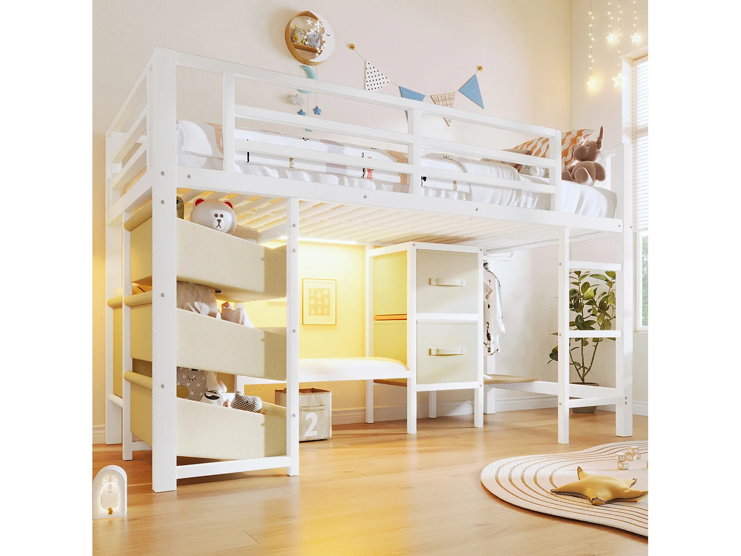 Lit mezzanine 90x200cm - avec 2 tiroirs - avec poches de rangement en tissu - avec lumière LED - blanc (matelas non inclus)