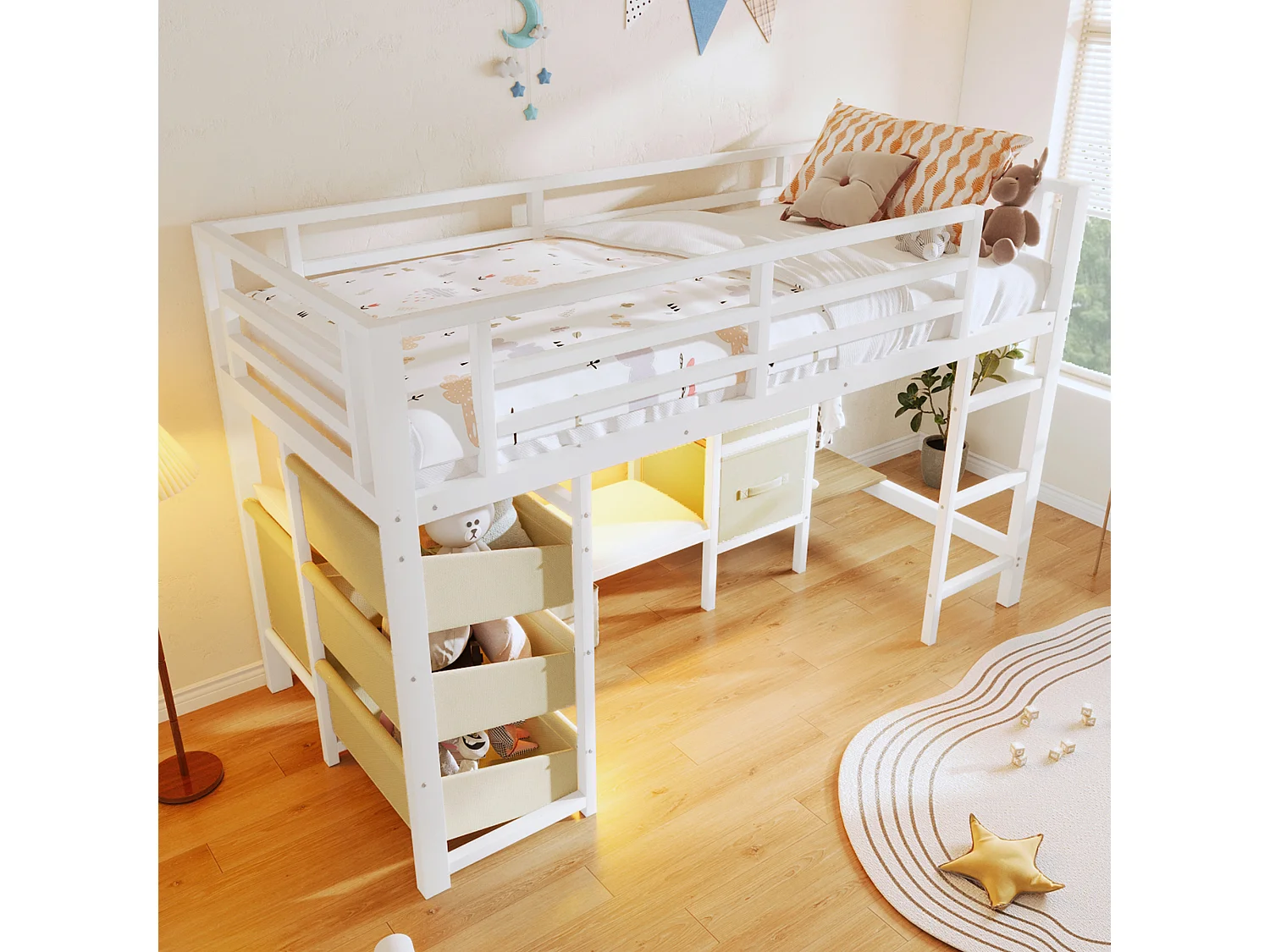 Lit mezzanine 90x200cm - avec 2 tiroirs - avec poches de rangement en tissu - avec lumière LED - blanc (matelas non inclus)