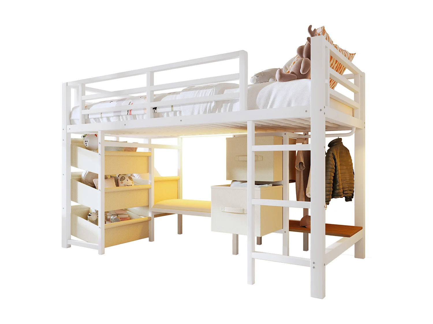 Lit mezzanine 90x200cm - avec 2 tiroirs - avec poches de rangement en tissu - avec lumière LED - blanc (matelas non inclus)