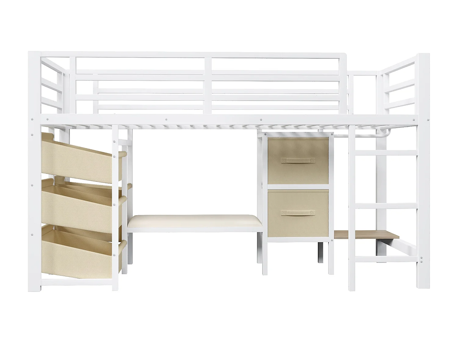 Lit mezzanine 90x200cm - avec 2 tiroirs - avec poches de rangement en tissu - avec lumière LED - blanc (matelas non inclus)