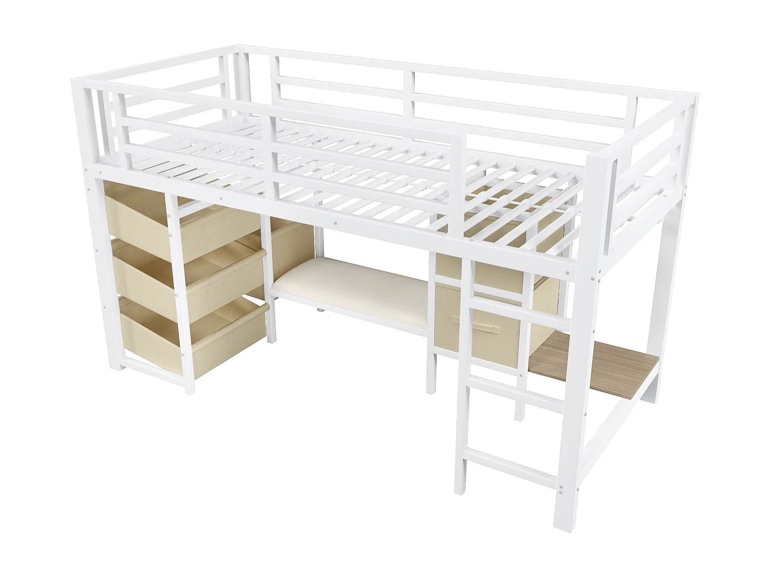 Lit mezzanine 90x200cm - avec 2 tiroirs - avec poches de rangement en tissu - avec lumière LED - blanc (matelas non inclus)