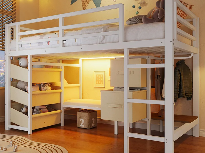 Lit mezzanine 90x200cm - avec 2 tiroirs - avec poches de rangement en tissu - avec lumière LED - blanc (matelas non inclus)