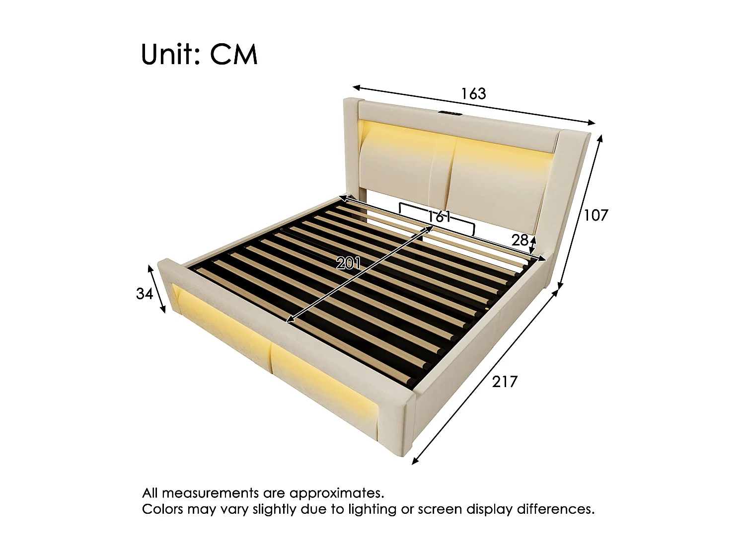 Lit coffre rembourré 160x200cm - avec éclairage LED - avec ports USB et Type-C - velours - Beige (sans matelas)