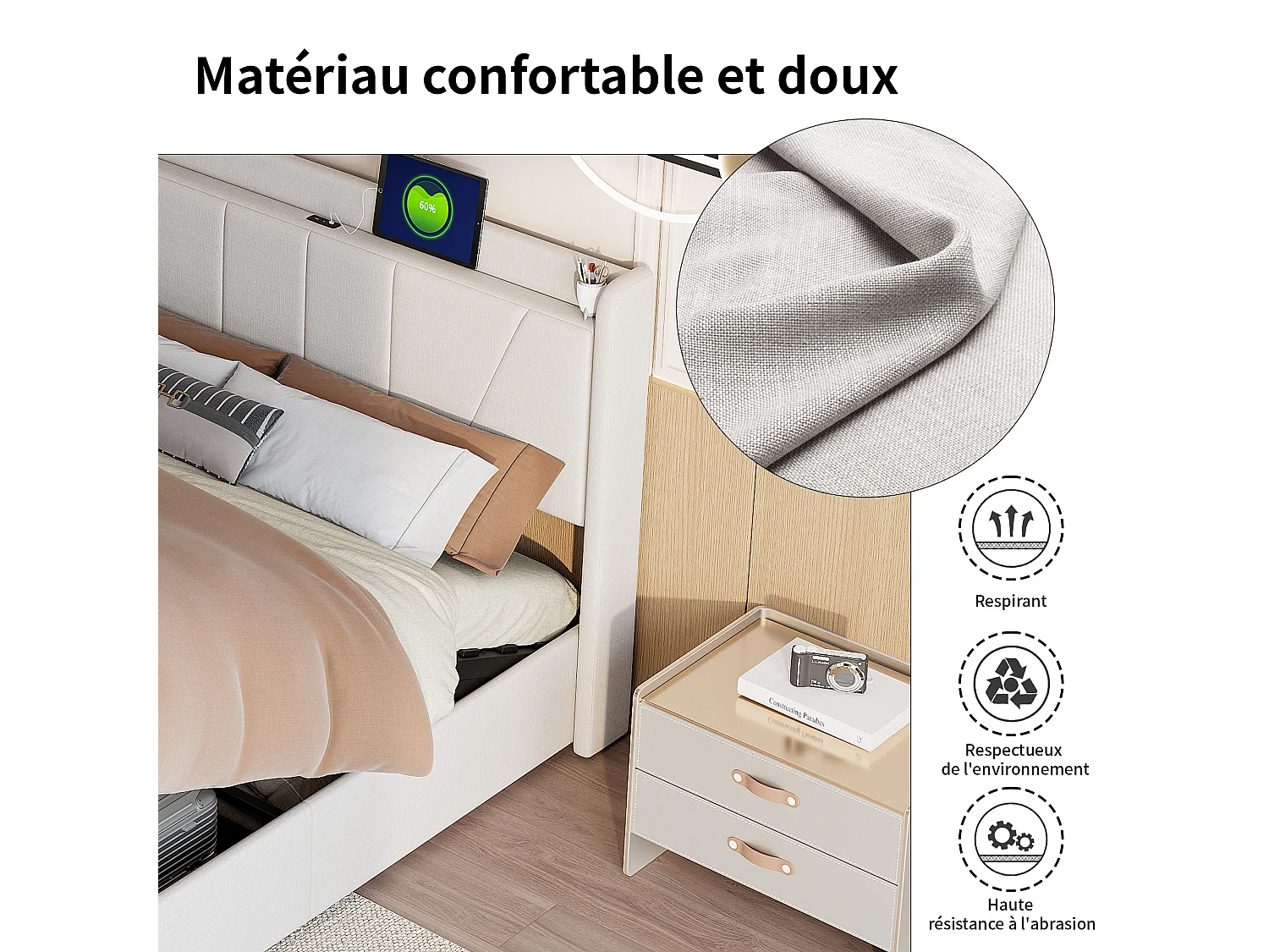 Lit double 160x200 cm - Tête de lit avec 2 ports USB + 1 port type-C - Coffre de rangement hydraulique - Lin - Beige