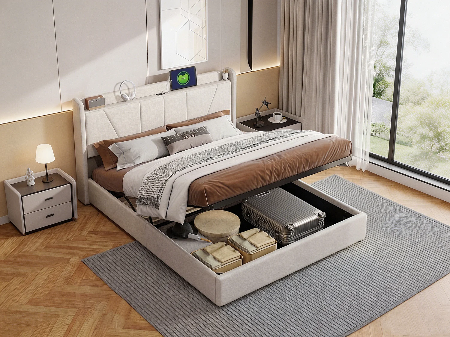 Tweepersoonsbed 160x200 cm - Hoofdbord met 2 USB-poorten + 1 Type-C-poort - Hydraulisch opbergvak - Linnen - Beige