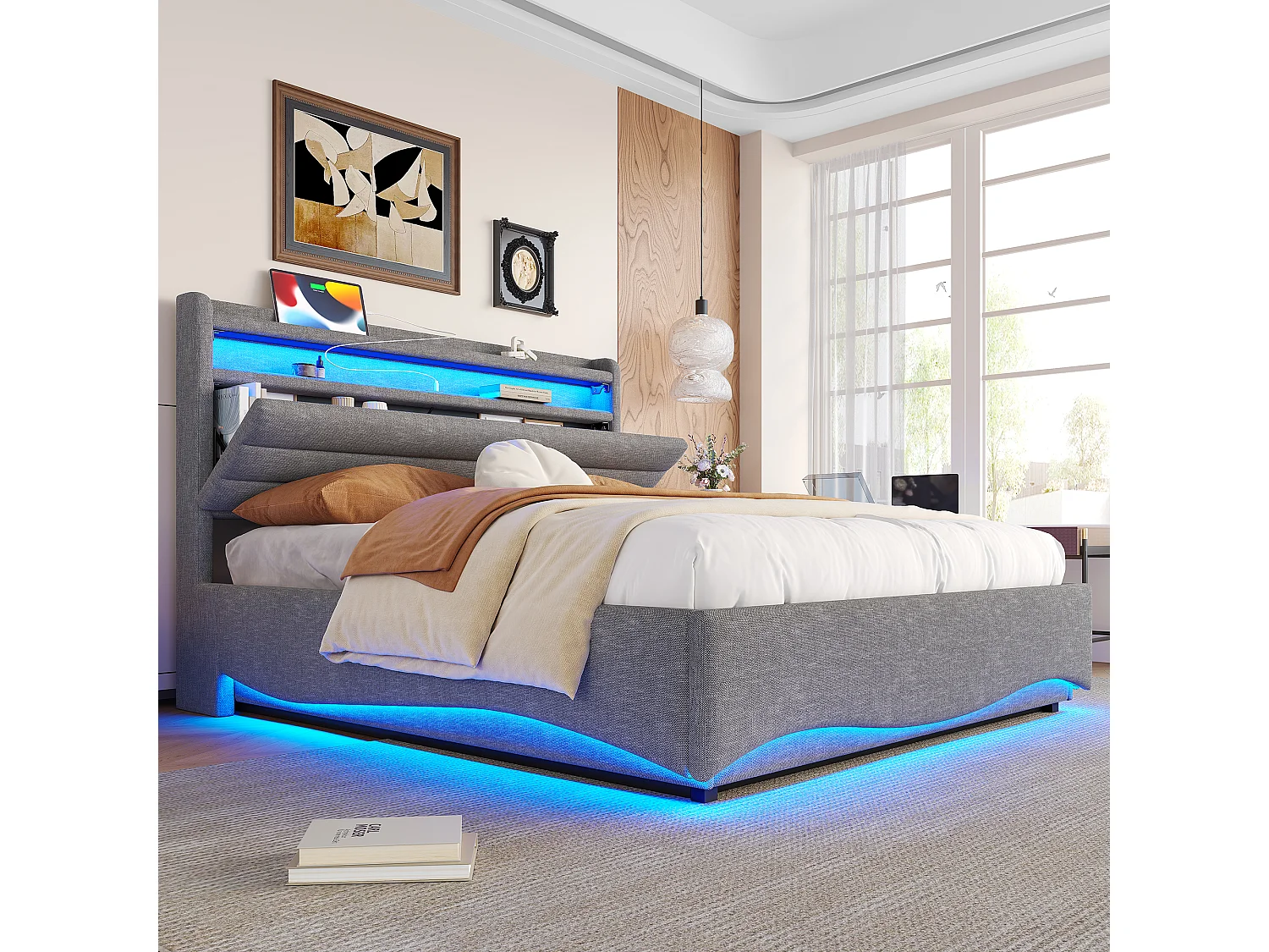 Lit coffre capitonné 140x200 cm - avec lumière LED - avec interface USB + Type-C - avec compartiments de rangement - tissu lin - gris (matelas non inclus)