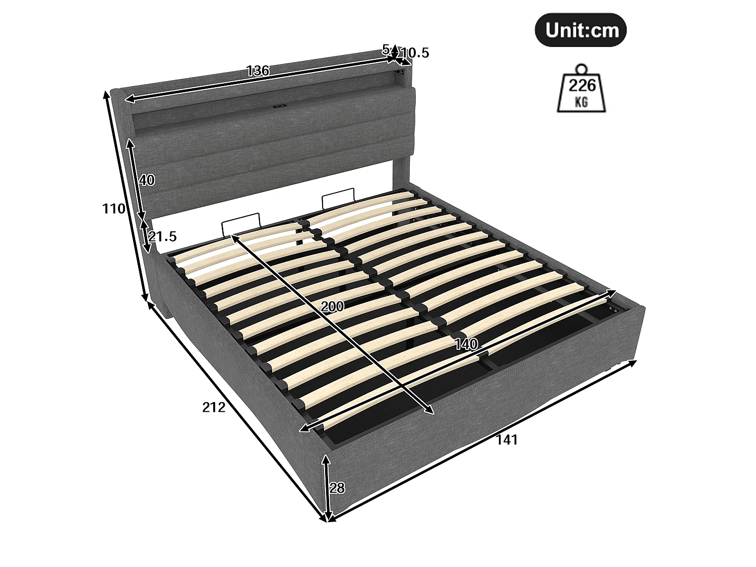Lit coffre capitonné 140x200 cm - avec lumière LED - avec interface USB + Type-C - avec compartiments de rangement - tissu lin - gris (matelas non inclus)