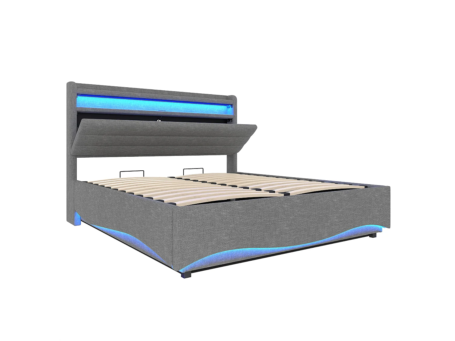Lit coffre capitonné 140x200 cm - avec lumière LED - avec interface USB + Type-C - avec compartiments de rangement - tissu lin - gris (matelas non inclus)