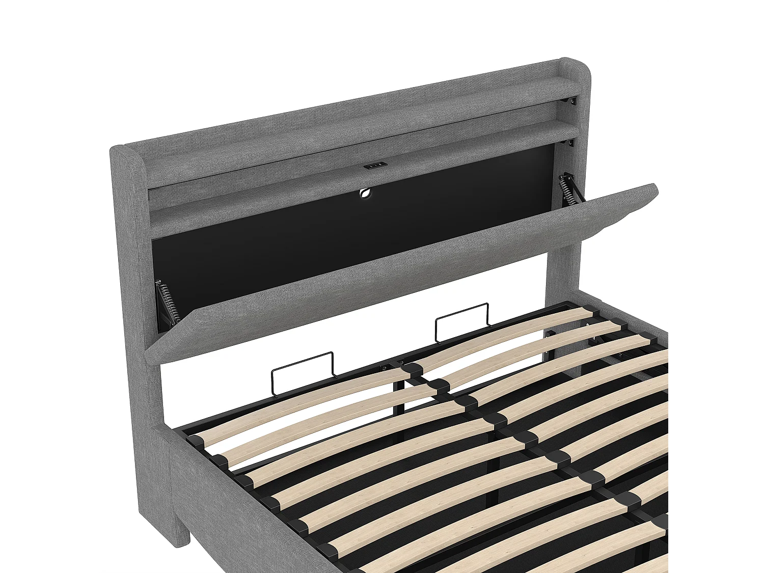 Lit coffre capitonné 140x200 cm - avec lumière LED - avec interface USB + Type-C - avec compartiments de rangement - tissu lin - gris (matelas non inclus)