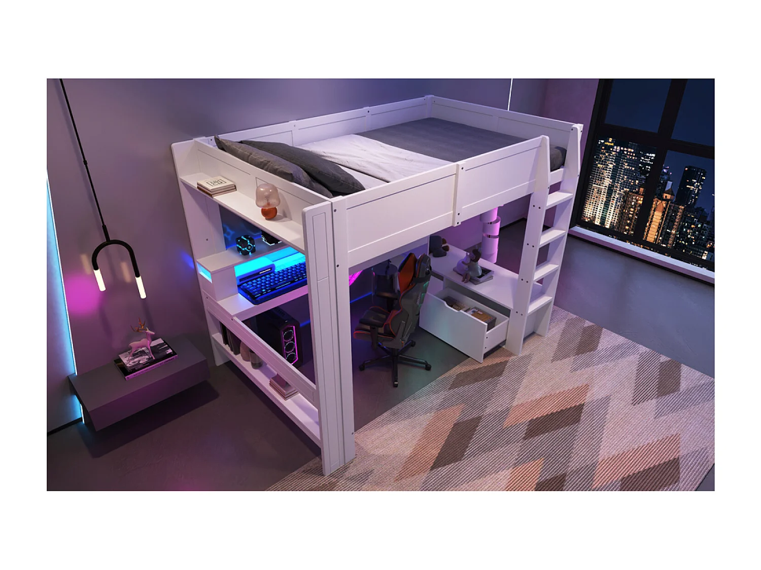 Lit mezzanine enfant 140 x 200 cm avec bureau , LED, pris USB et rangemnet - Blanc (sans matelas)