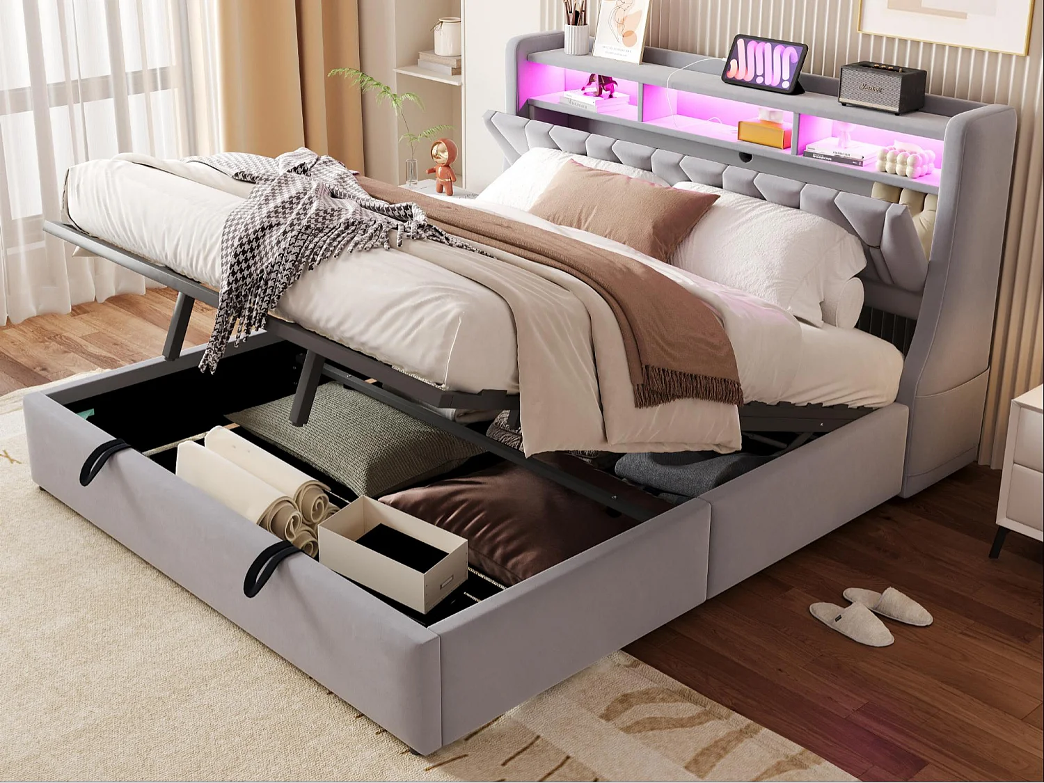 Lit coffre capitonné 180 x 200 cm - Tête de lit rabattable - avec prise électrique - avec éclairage LED - Velours - Gris clair (matelas non inclus)